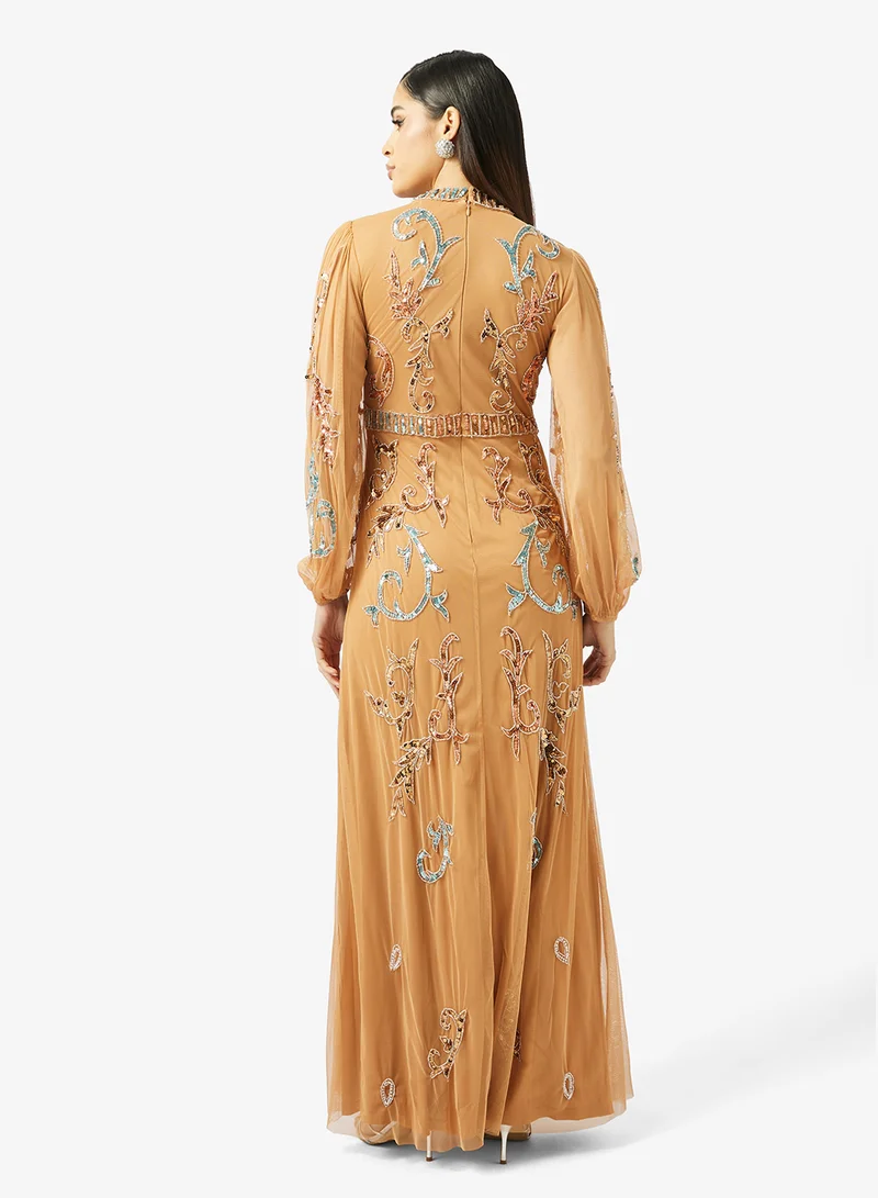 Frock and Frill Embellished Puff Sleeve Maxi Dress